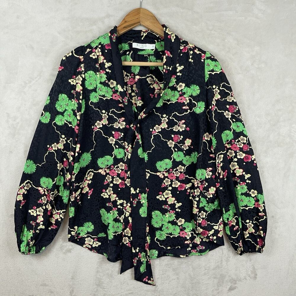 Rixo London Moss Silk Blouse Size Small Botanical Black Leopard Jacquard Chic
